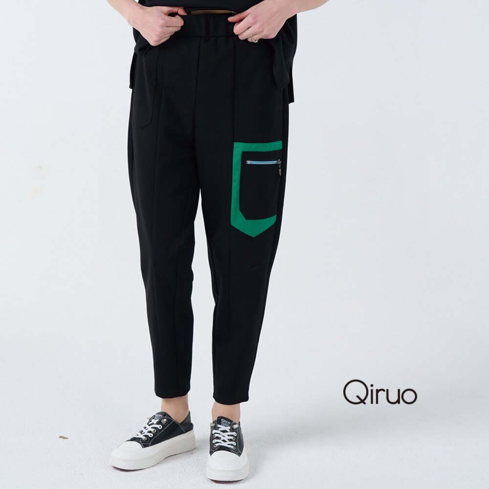 42387051C02-春夏專櫃黑色滾綠邊休閒長褲 7051C旅遊款