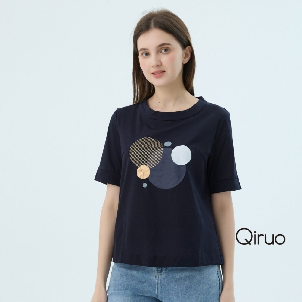 52372502A50-春夏專櫃精品丈青色短袖上衣2502A  圓圈女裝