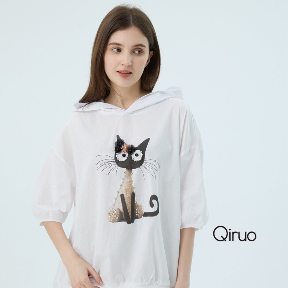 52372516A01-專櫃精品白色貓咪女人短袖連帽上衣2516A  棉質女裝