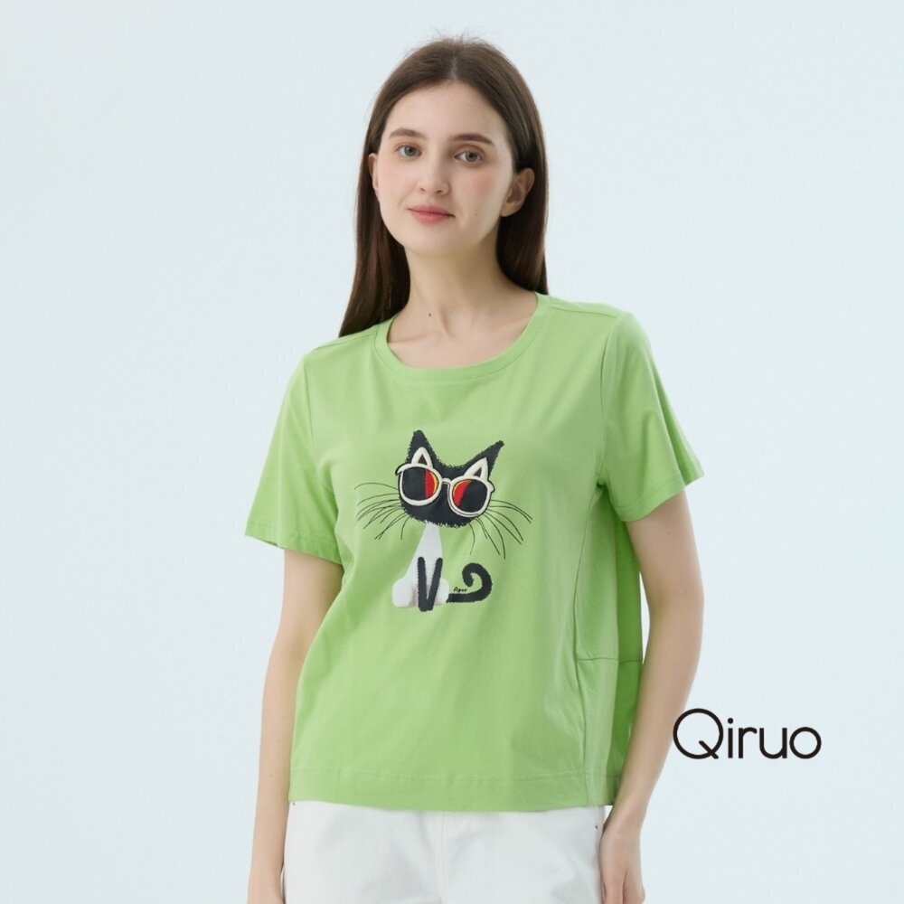 52376815A70-專櫃精品果綠色貓咪短袖上衣6815A  棉質女裝