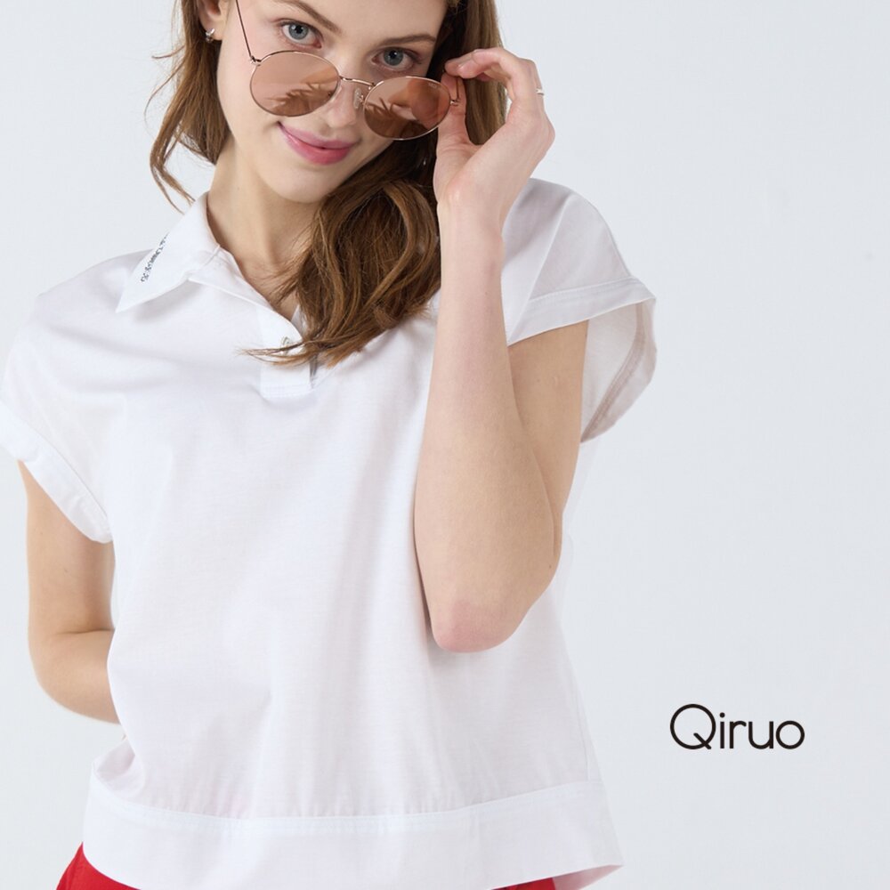 52387084A01-春夏專櫃白色短袖上衣7084A 有領設計