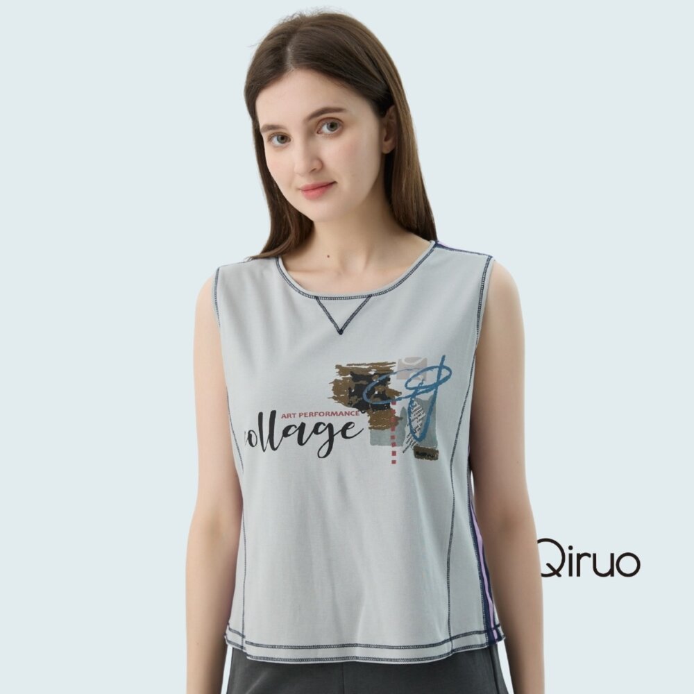 52387089D20-春夏專櫃 U領灰色背心上衣7089D短版英文字母