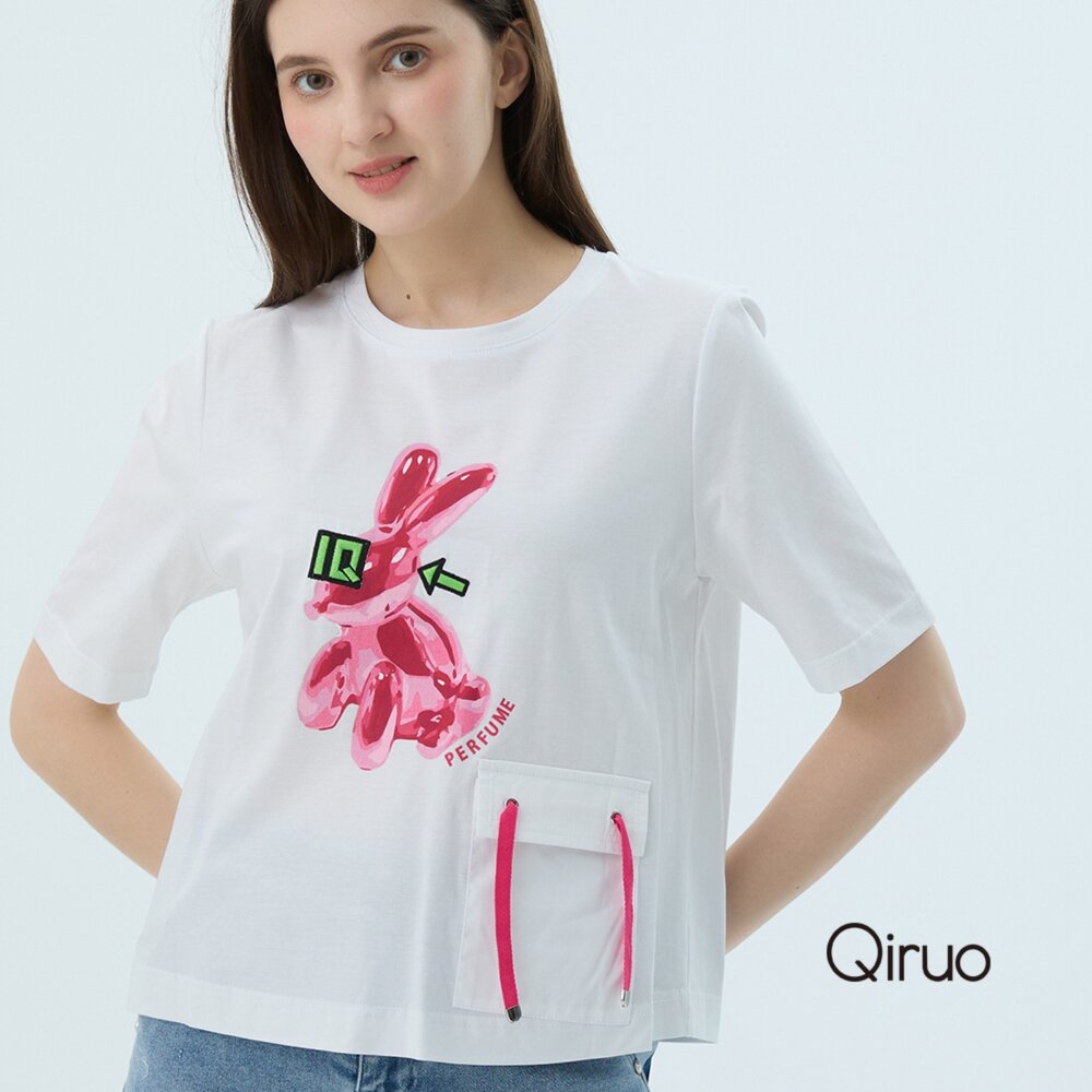 52387107A01-春夏專櫃白色上衣7107A 短袖粉紅圖案