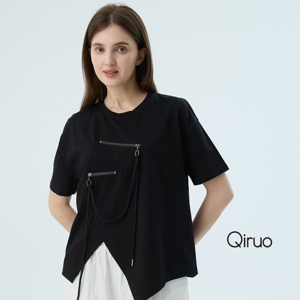 52387120A02-專櫃女裝黑色上衣7120A 不規則下擺