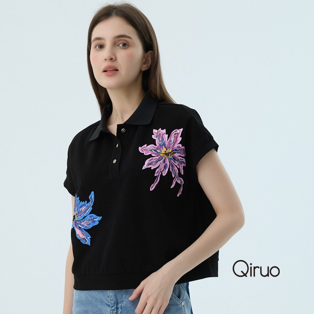 52387148A02-專櫃女裝黑色上衣7148A 彩繪花朵