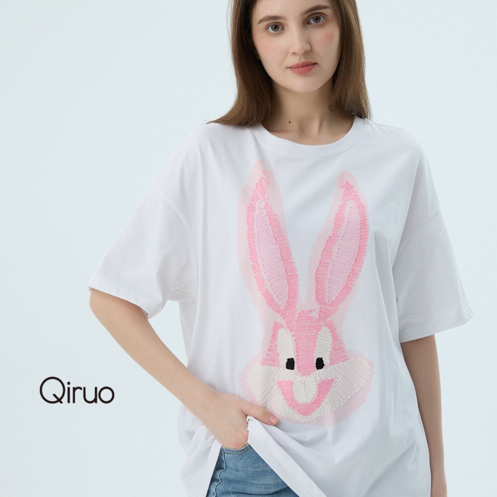 52387180A01-專櫃女裝白色長版上衣7180A 粉兔子T桖