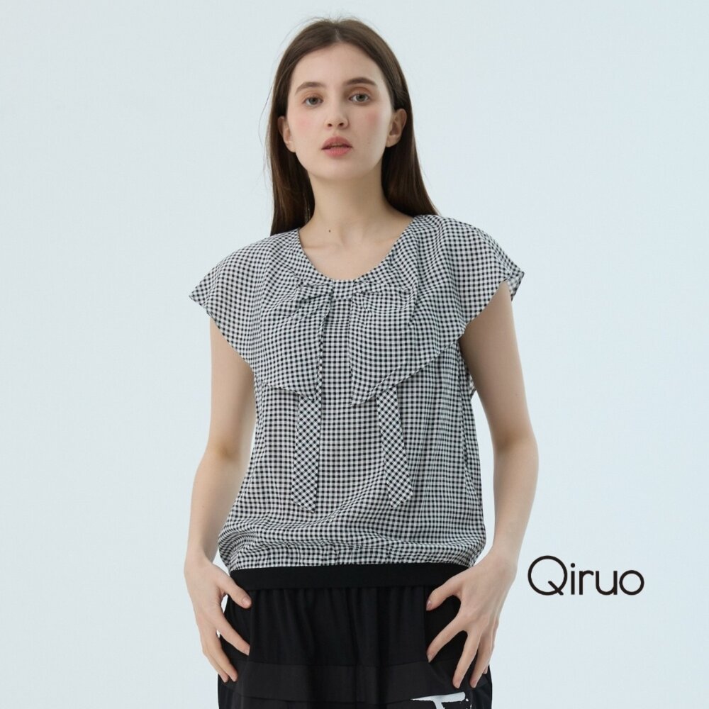 52387181D00-專櫃女裝黑白色上衣7181D 細格造型上衣