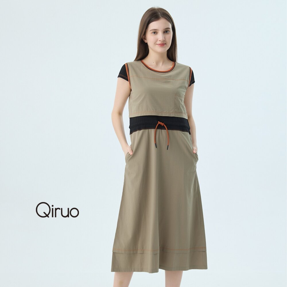 52387185F70-春夏專櫃駝綠色精緻洋裝7185F 假兩件