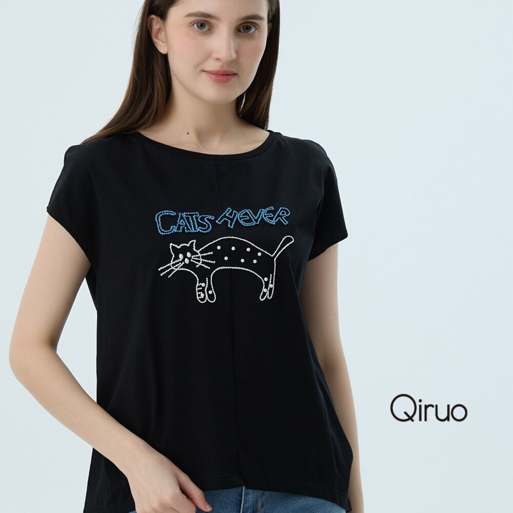 52387313A02-專櫃女裝黑色上衣7313A貓咪圖