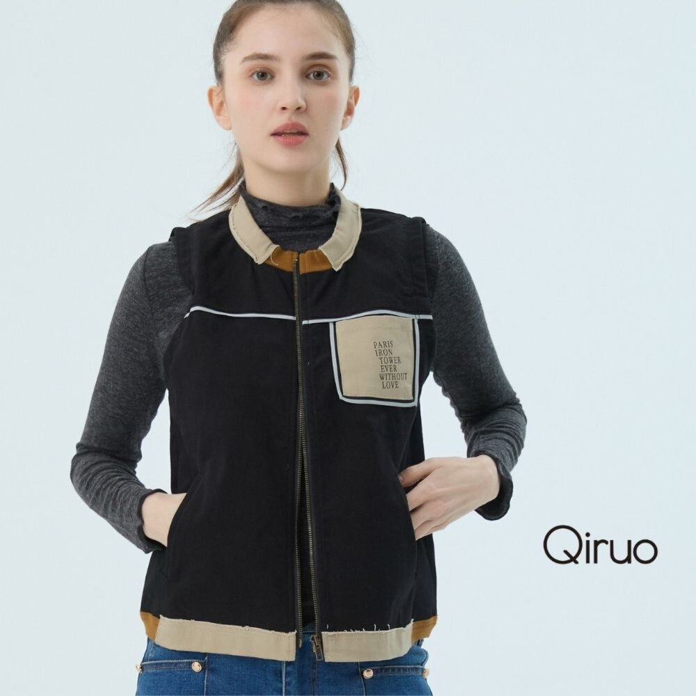 62387045D02-秋冬專櫃黑色背心上衣7045D 拉鍊設計