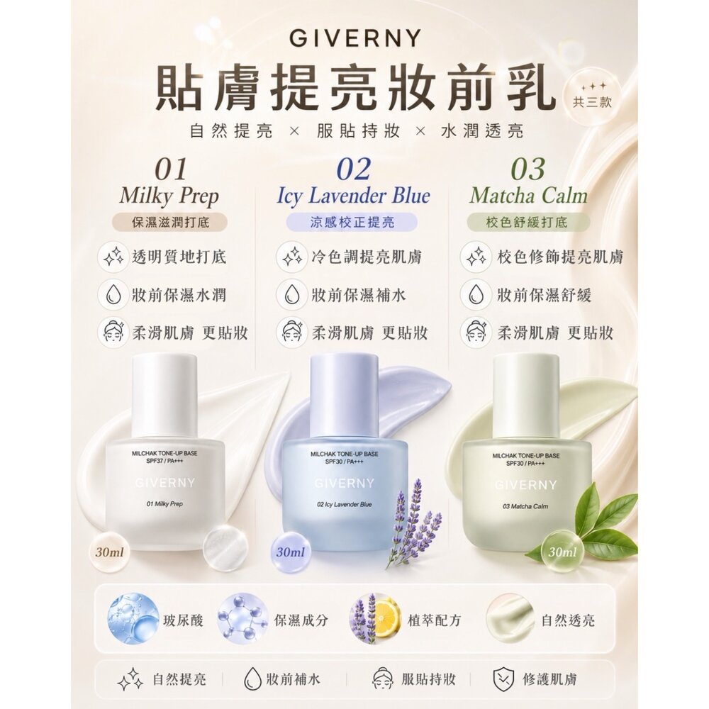 Giverny|代理授權| 服貼提亮飾底乳 校色 保濕 光澤 去黃提亮 修飾泛紅 Milchak Tone-Up Bas-圖片-2