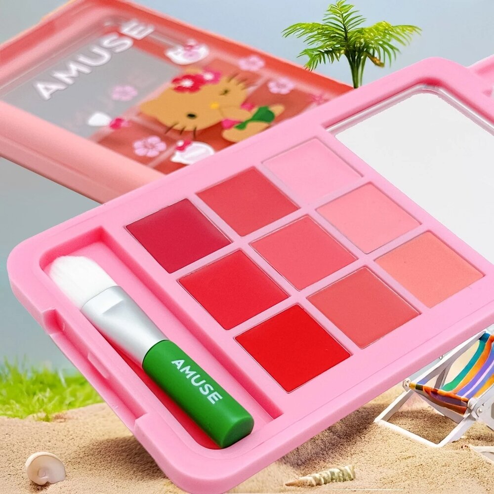 現貨|Amuse|HELLO KITTY 聯名款|氣墊 琉璃光澤唇釉 唇頰兩用盤 黑皮kitty吊飾 帆布袋|韓國代購-圖片-3