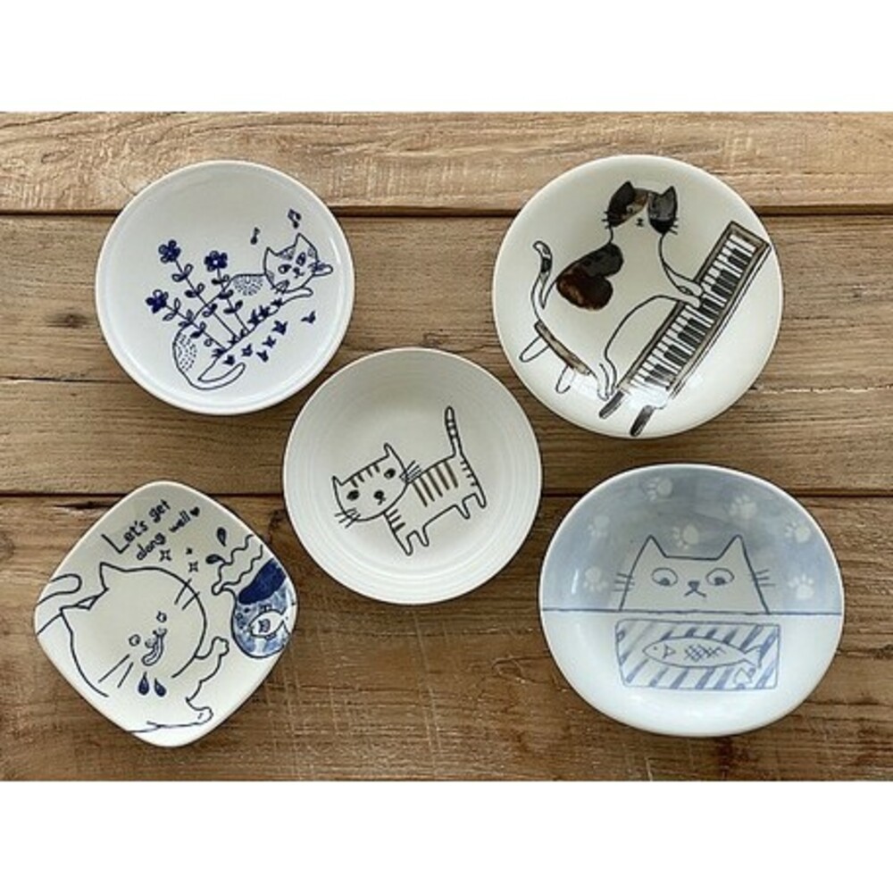 SF-013965-日本製美濃燒甜點盤 貓咪插畫盤 ins風 貓盤 餅乾盤 小菜盤 小碟子 沾醬盤 質感餐盤 廚房餐具