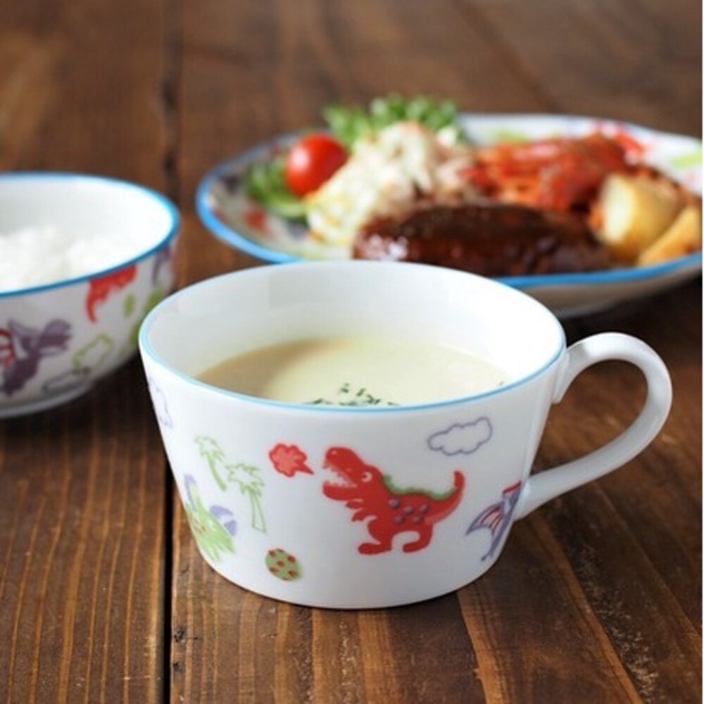 SF-015019-日本製 美濃燒 兒童彩色恐龍圖樣餐碗｜湯碗 濃湯碗 兒童專用 小孩 孩童 幼稚園 飯碗 恐龍