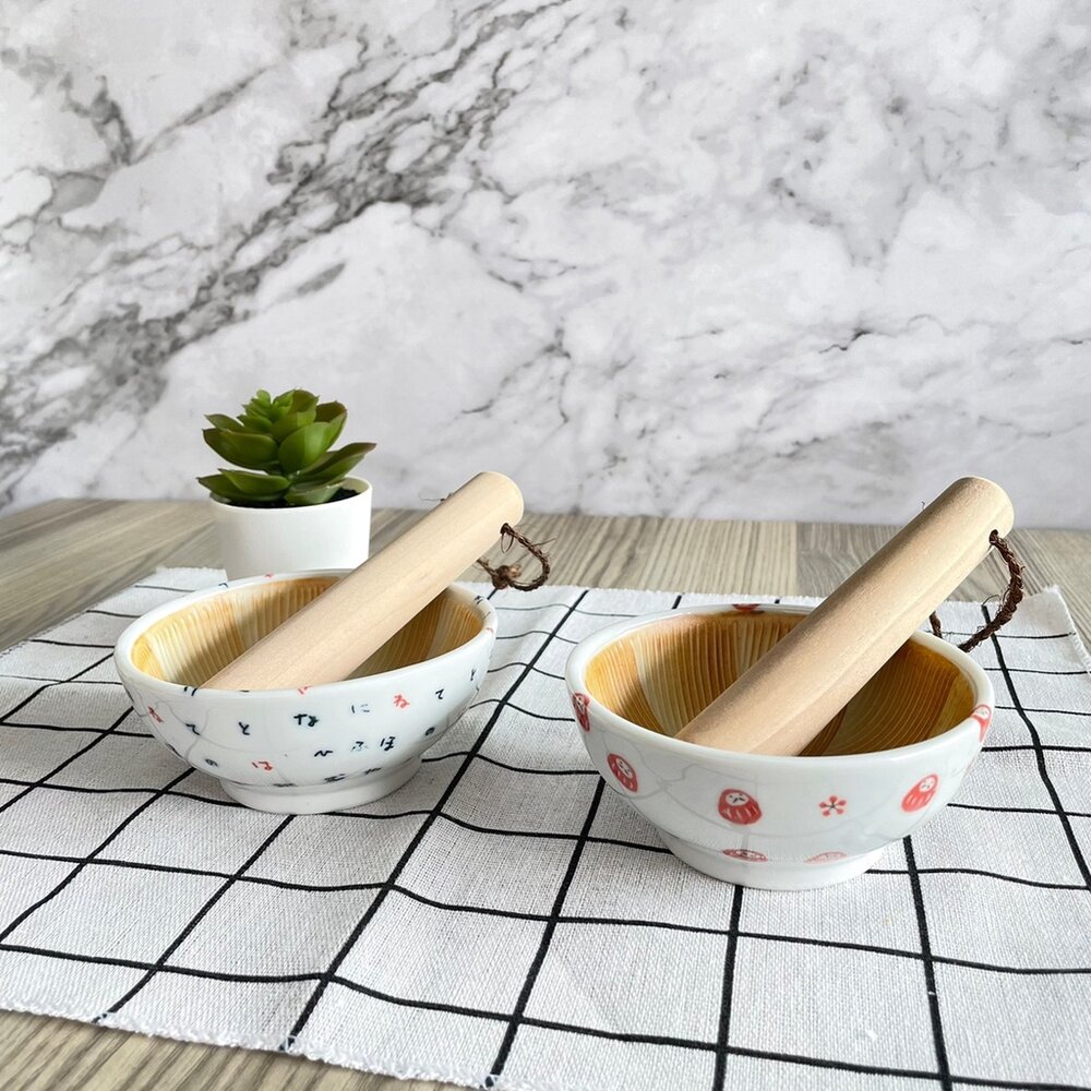 SF-015299-日本製 日式陶瓷磨缽 研磨缽 搗泥器 研磨器 搗泥罐 搗泥缽 抹茶碗 擂茶碗 碗 達摩 磨粉 搗蒜