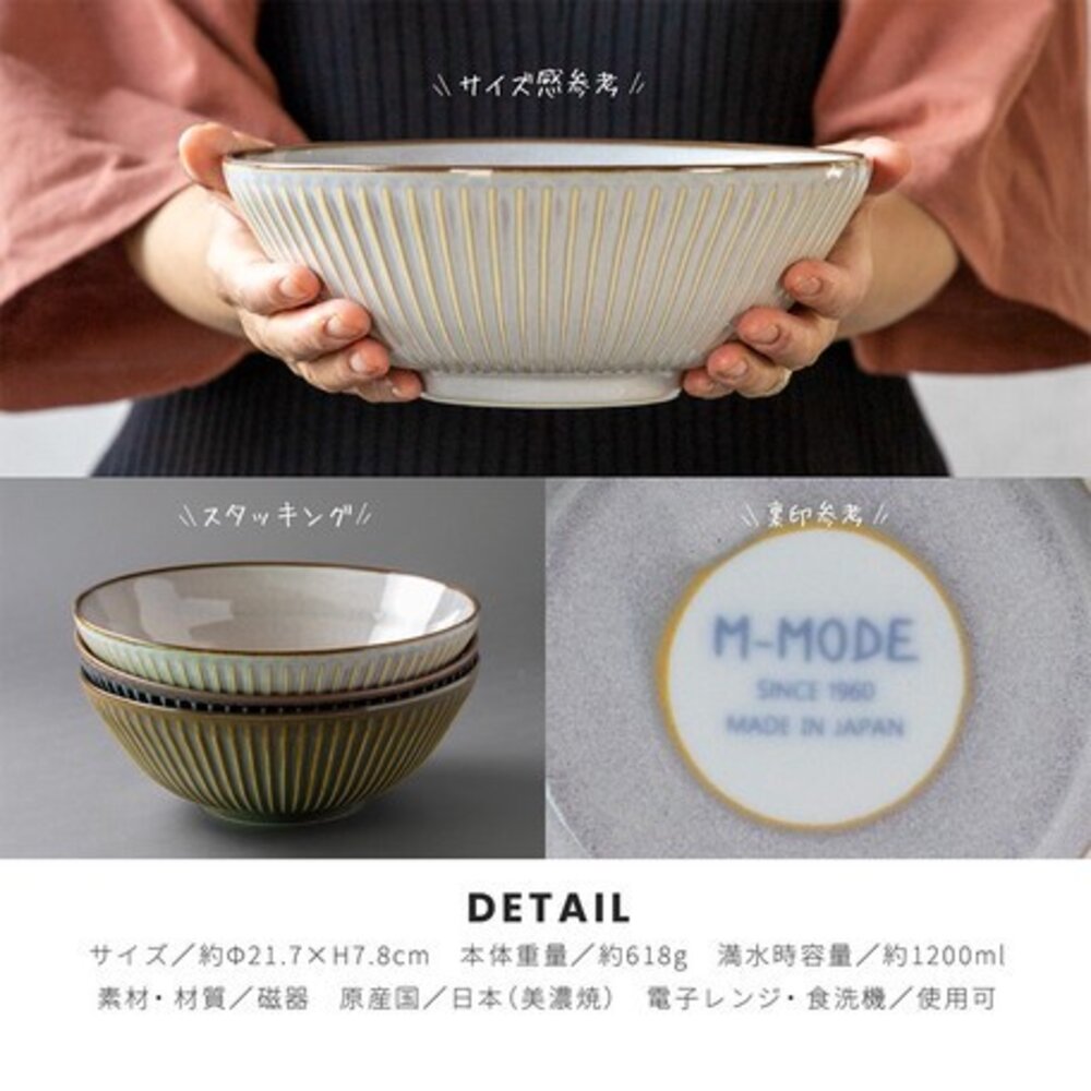 SF-015302-日本製 美濃燒拉麵碗 SENDAN 條紋 黃灰色 海軍藍｜餐碗 湯碗 拉麵碗 飯碗 大碗 丼飯碗