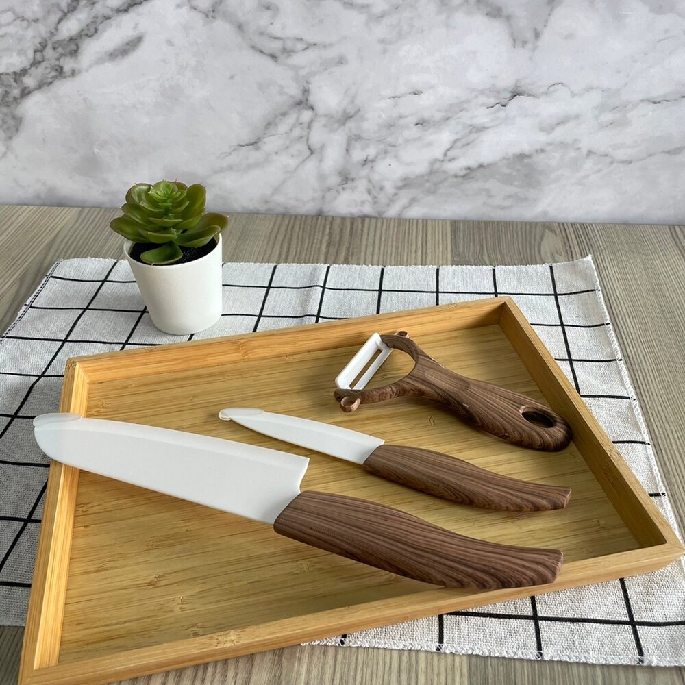 SF-015371-陶瓷刀具 三件組 木紋 水果刀/菜刀/削皮刀｜萬用刀 芽眼 多功能削皮器 磨蒜器