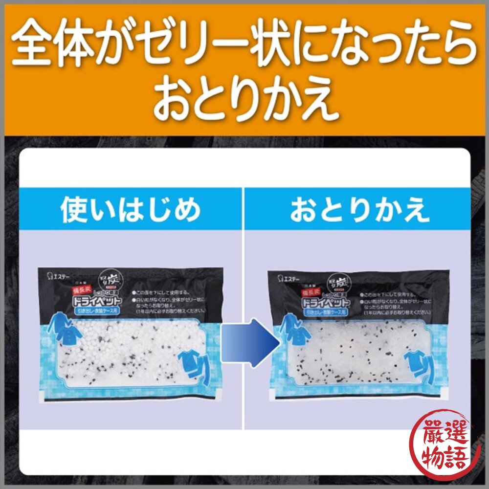 日本製 衣櫃吊掛式除溼 衣櫥除臭 活性碳 除溼 脫臭劑 室內除濕 消除異味 備長炭 一包兩入-圖片-4