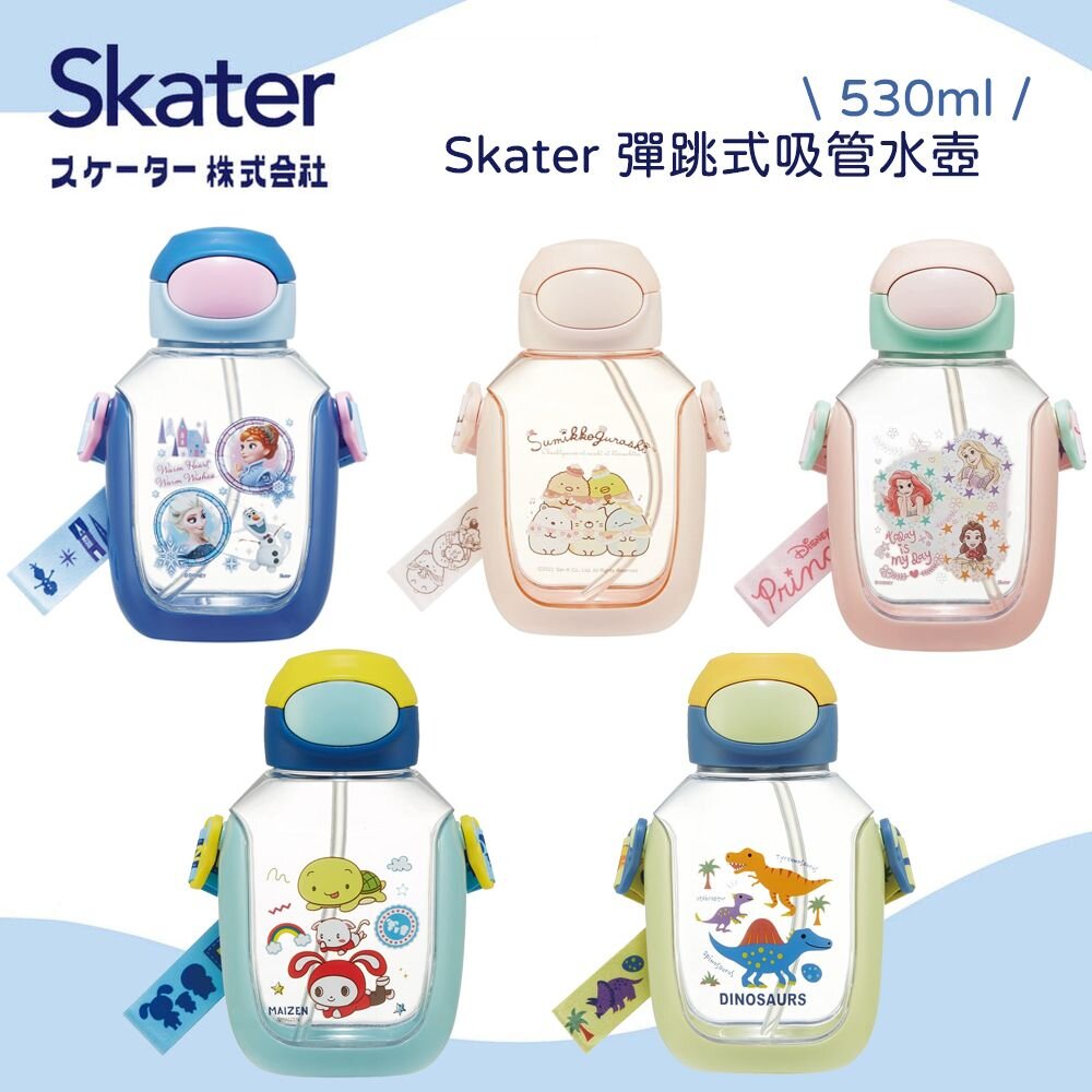SF-017318-Skater 彈跳式吸管水壺 530ml 兒童水壺 附背帶 姓名貼 冰雪奇緣 恐龍 水瓶