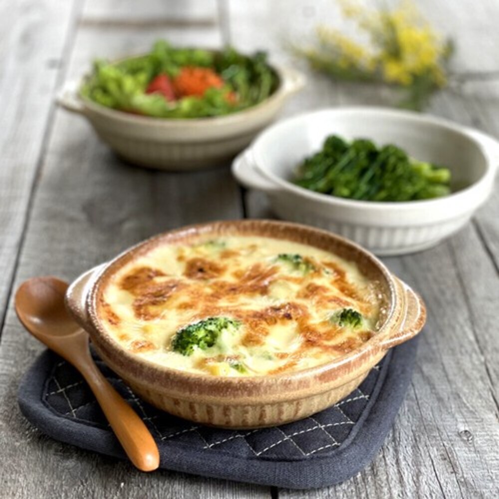 SF-017875-日本製 美濃燒 雙耳陶瓷烤盤 圓形烤盤 焗烤盤 焗烤碗  陶瓷盤 早午餐 焗烤盤