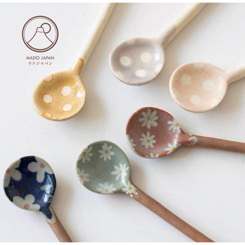 SF-018434-日本製 美濃燒陶瓷湯匙 圓點/花卉 湯匙 粗陶 咖啡匙 甜點匙 環保餐具 調味料勺子 湯勺 勺子
