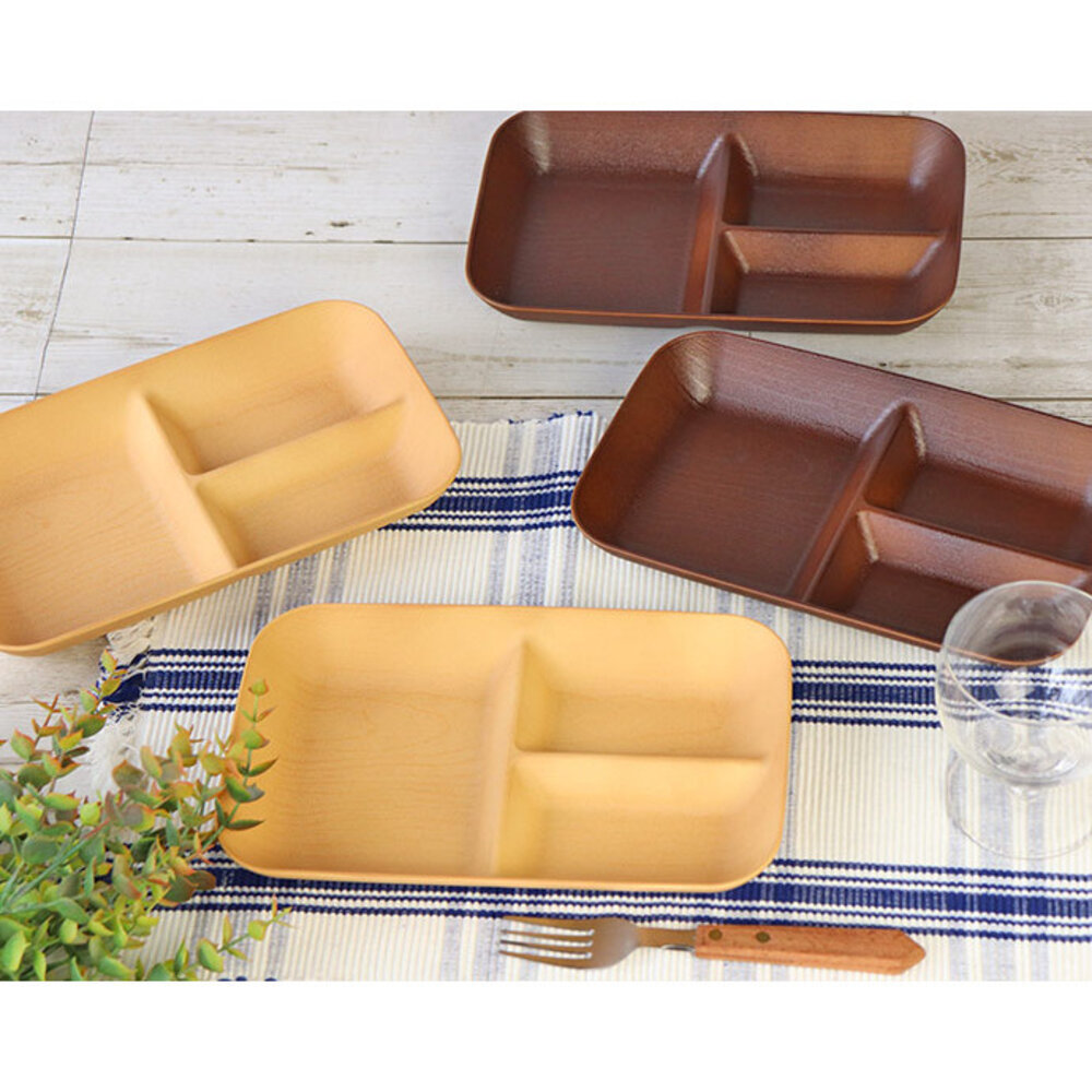 SF-018587-日本製 木紋三格盤 胡桃色 露營盤 耐熱盤 輕量盤 盤子 分菜盤 可堆疊 木紋