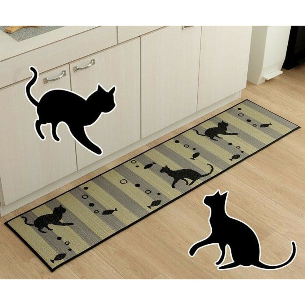 SF-018670-日本製 廚房地墊 貓咪 43x120cm 43x180cm 燈心草 草蓆 地墊 地毯 踏墊 長墊