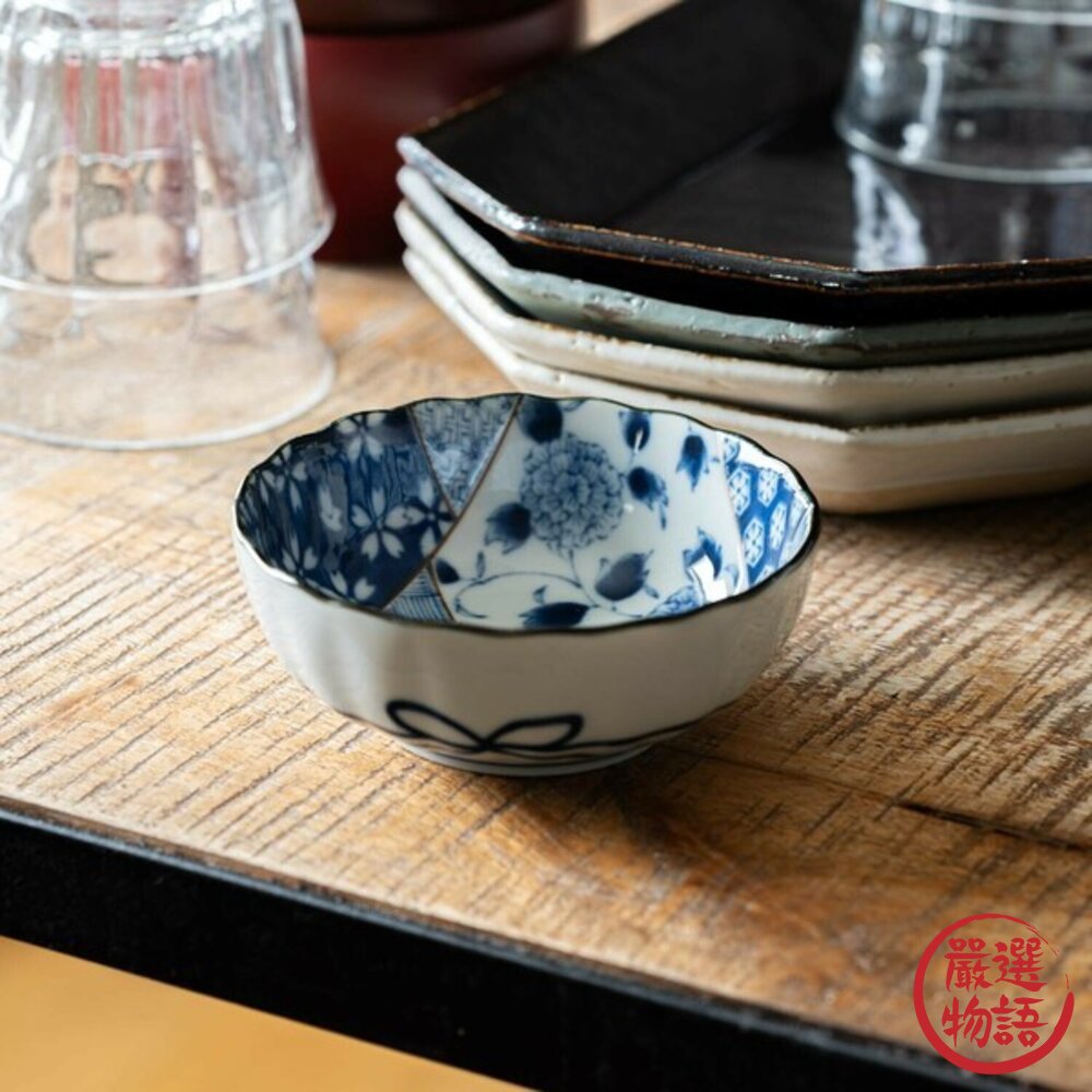 SF-019857-日本 美濃燒 藍染 花型小碗 甜點碗 藍友禪 沙拉碗 小菜碗 甜品碗 日式甜點碗 陶瓷碗 湯碗 日本進口