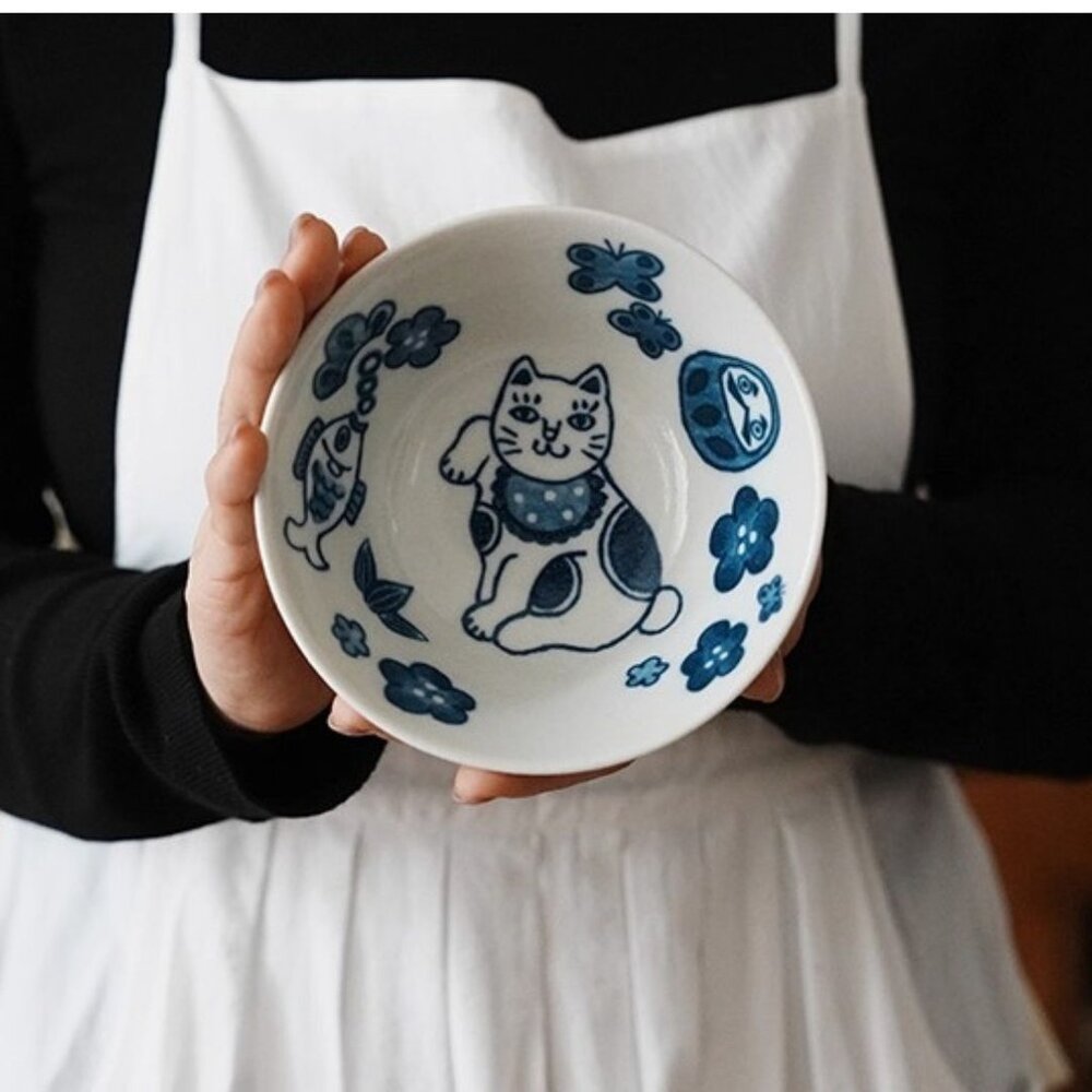 SF-019956-日本 貓奴必買 美濃燒 貓咪 老鼠 13.5cm 麥片碗 Nekomaruke 招財貓 吉祥物 飯碗 日本進口