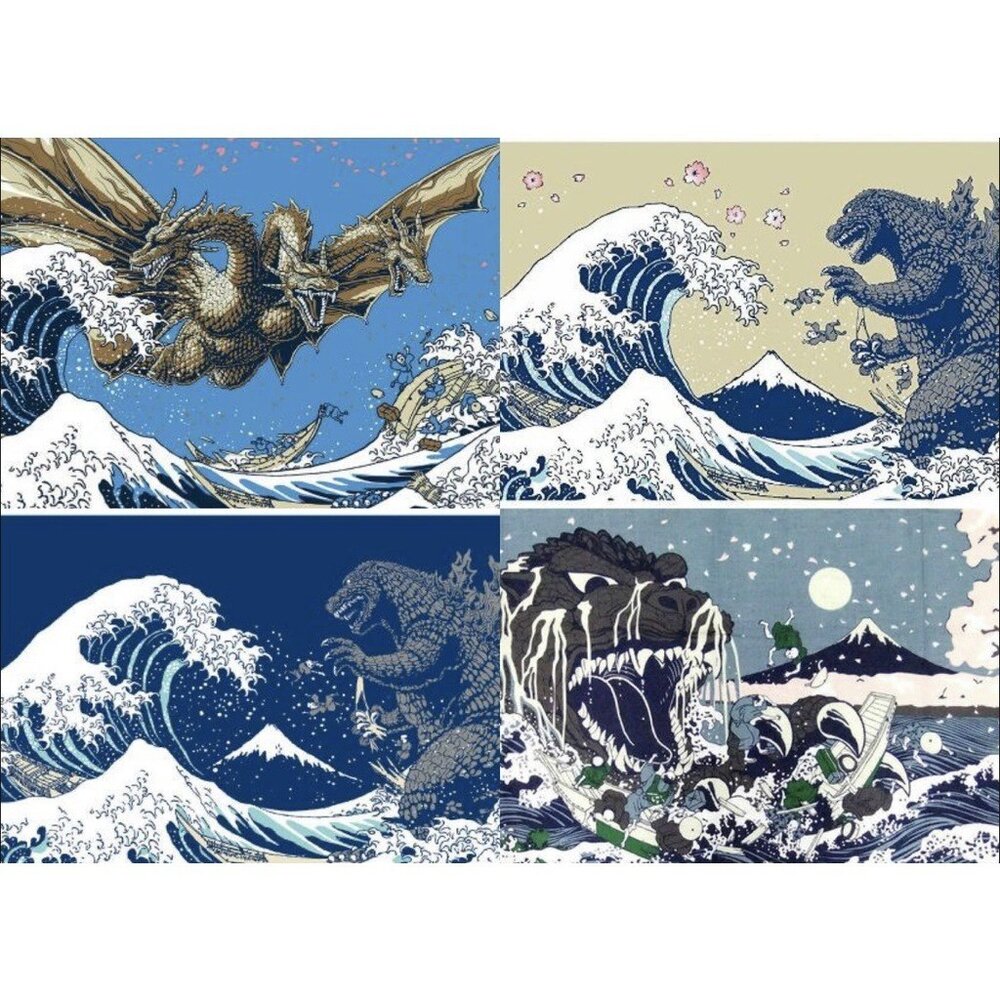 SF-020093-日本限定 Godzilla 哥吉拉x浮世繪 掛布 門簾布 手拭布 居酒屋裝飾 90x35cm 哥吉拉收藏 日本進口