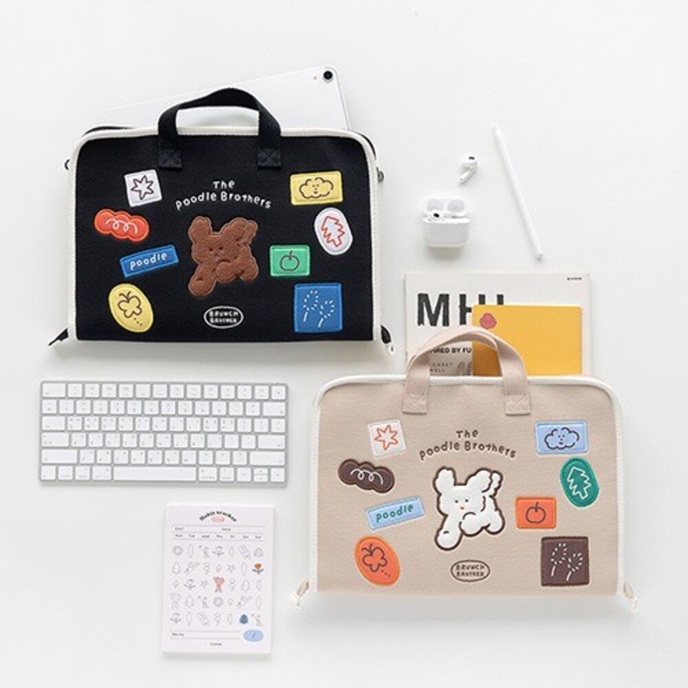 SF-020504-韓國文創Romane電腦包 筆電包 平板保護包 手提電腦包｜早午餐兄弟貴賓狗手提13吋筆電包 米色 黑色  日本進口