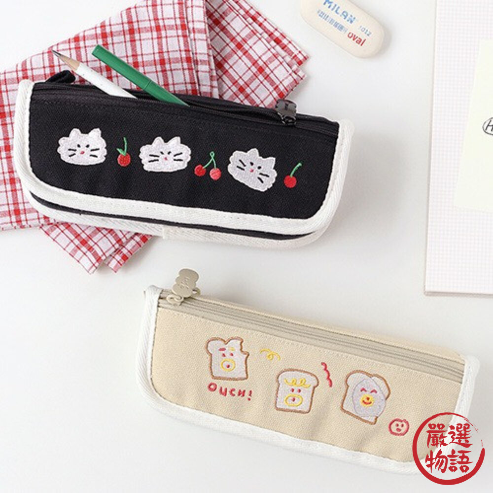 韓國文創Romane 鉛筆袋 早午餐兄弟側開式筆袋 櫻桃貓咪 吐司 行動電源收納包 小化妝包 旅行收納包 日本進口-圖片-1