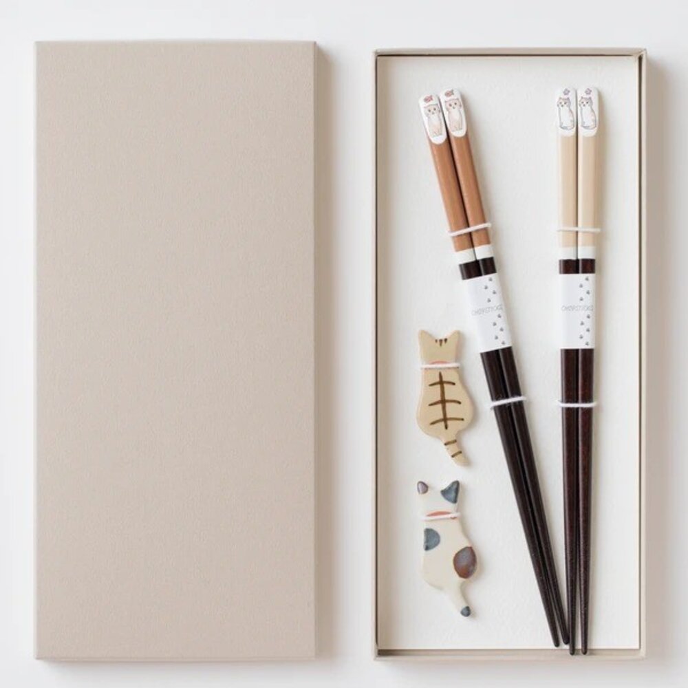 SF-020564-日本製造HARUPEI貓咪對筷禮盒組 附筷架 23cm 日本進口 日本天然竹筷 環保筷子 餐筷 若狭塗技 日式餐具