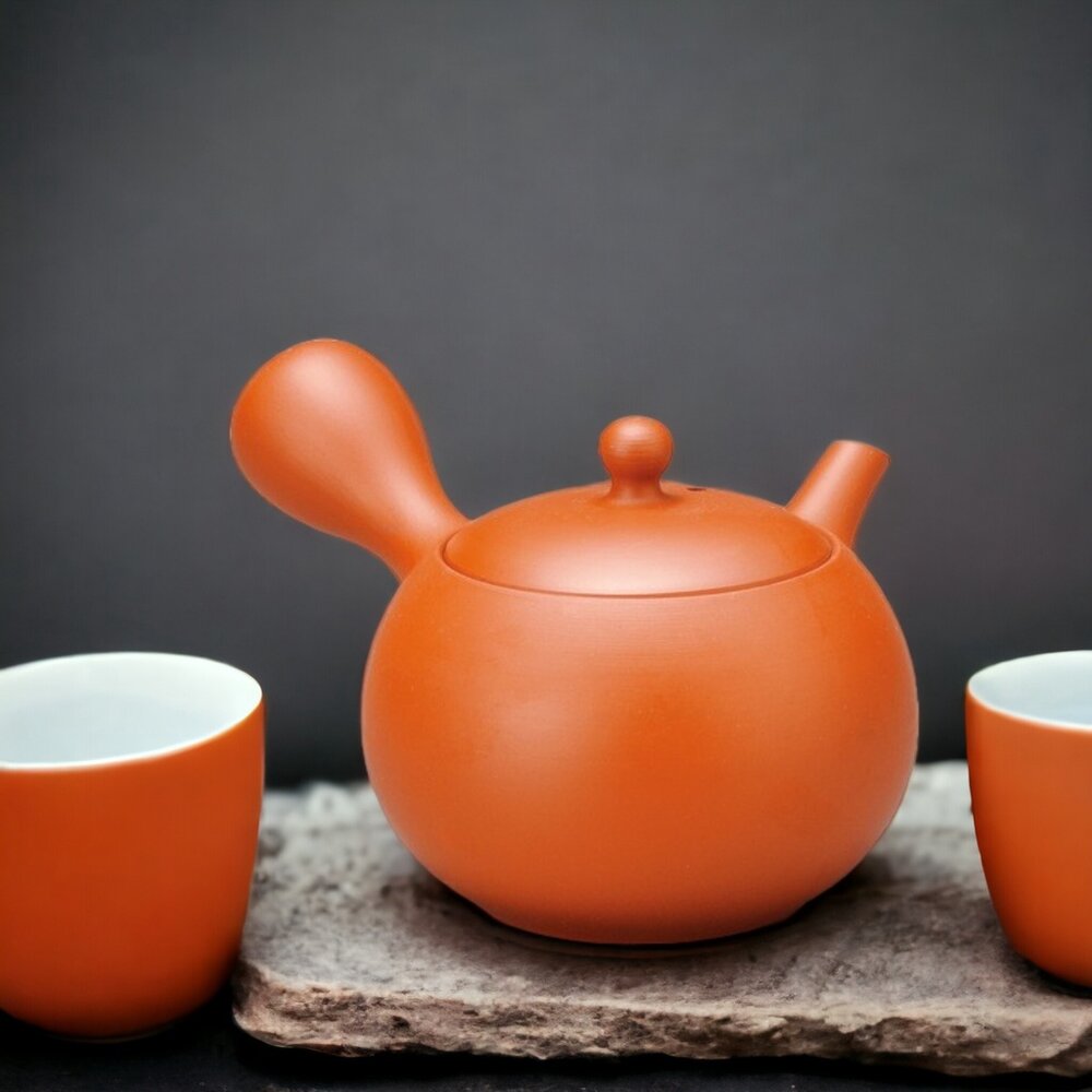 SF-020703-日本製 人水朱泥 側把壺 茶壺 陶瓷茶壺 小茶壺 陶瓷泡茶壺 茶具 泡茶壺 常華燒 泡茶 茶杯 茶葉 日本進口