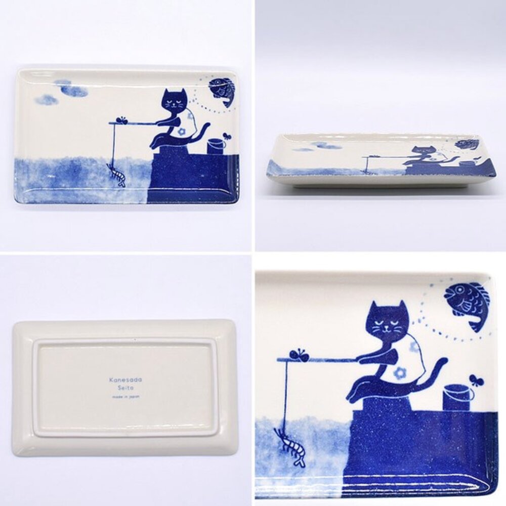 SF-020739-日本製 貓咪釣魚長盤 日式盤子 陶瓷盤 魚盤 甜點盤 美濃燒  水果盤 炸物盤 日式餐盤 餐盤 盤子 日本進口