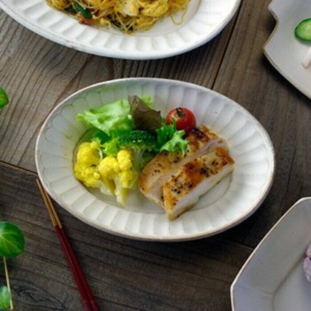 SF-021043-日本製 kinari 益子燒 牽牛花橢圓盤 長盤 餐盤 義大利麵盤 菜盤 陶瓷盤 淺盤 咖哩盤