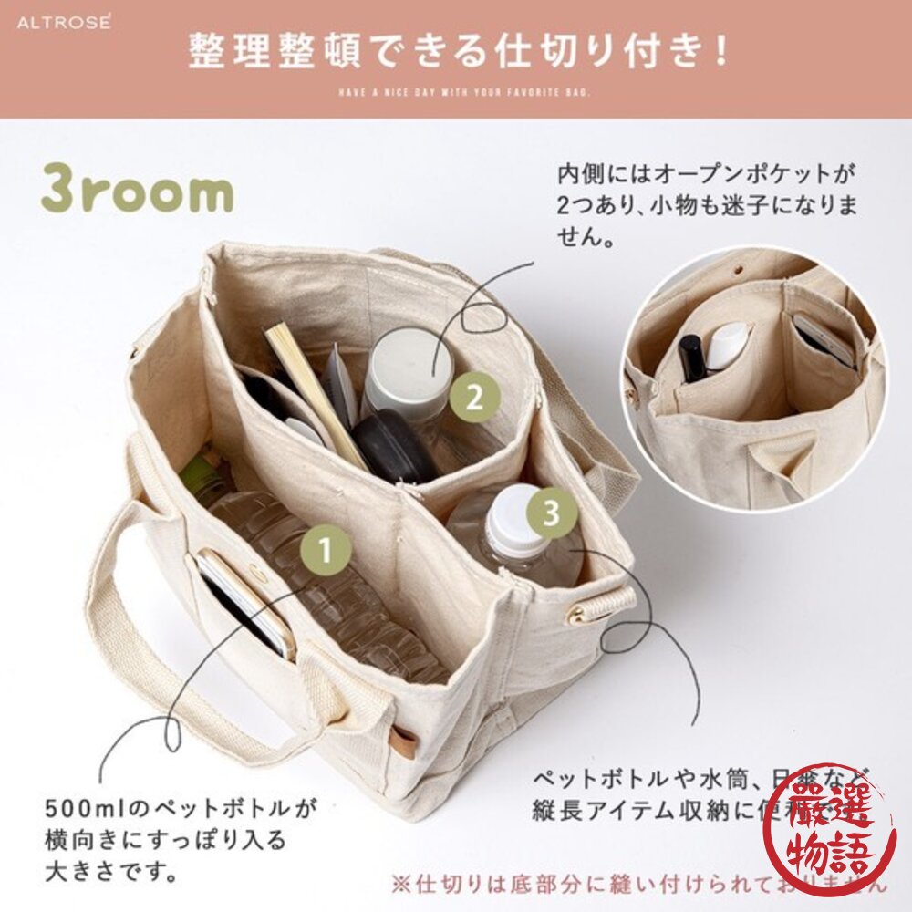 日本 ALTROSE 三分隔帆布 托特包 | 迷你單肩斜挎包 肩背手提包 三格 帆布包 肩背包女-圖片-3