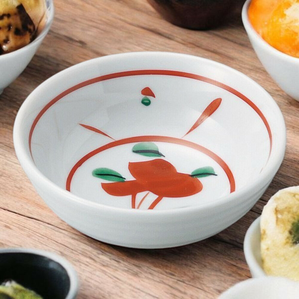 SF-021337-現貨 日本製 寶屋 壽喜燒碗 蛋碗 醬料碗 辣椒碗 小碗 小缽 日本製碗 赤繪花 野花 美濃燒碗 復古碗 碗 日本進口