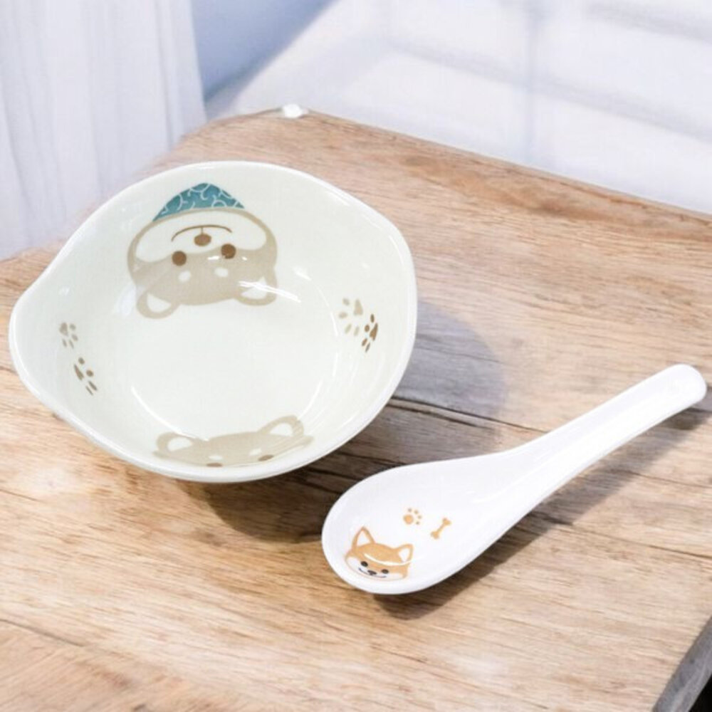 SF-021428-日本 田中箸店 招柴湯碗 柴犬碗 兒童餐碗 | 湯匙 陶瓷湯碗 飯碗 湯匙組 日系可愛 餐具 日本餐具 日本進口