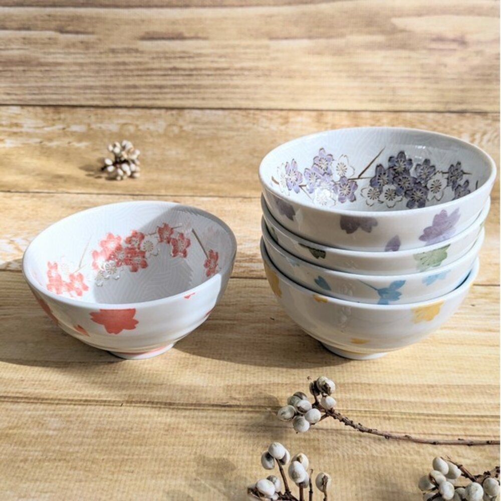SF-021596-日本製美濃燒 五色櫻花日式飯碗 陶瓷碗 | 米飯碗 標準碗 飯碗 日式飯碗 美濃燒 櫻花碗 日本進口