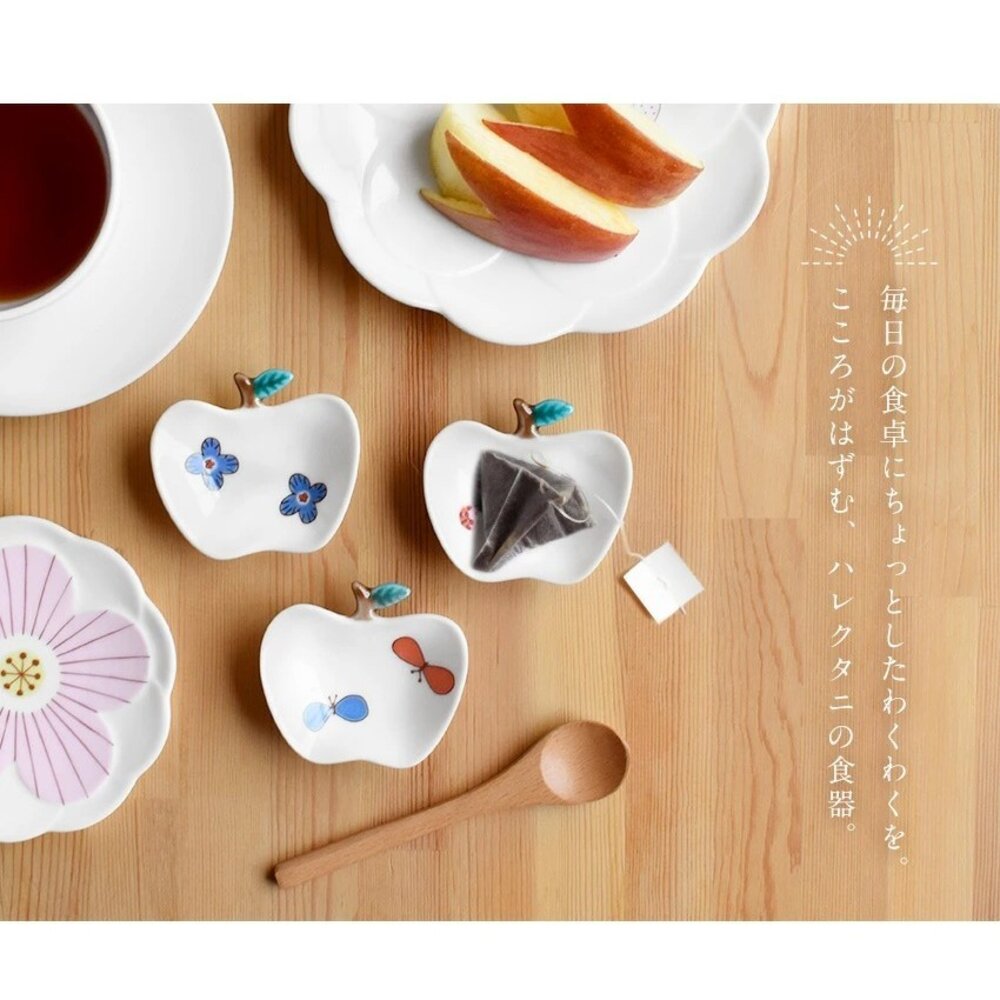 SF-021598-日本製 九谷燒蘋果造型彩繪小盤子 9cm | 可愛盤子 小碟子 醬料碟 醬油 甜點盤 花朵 瓢蟲 蝴蝶 小盤