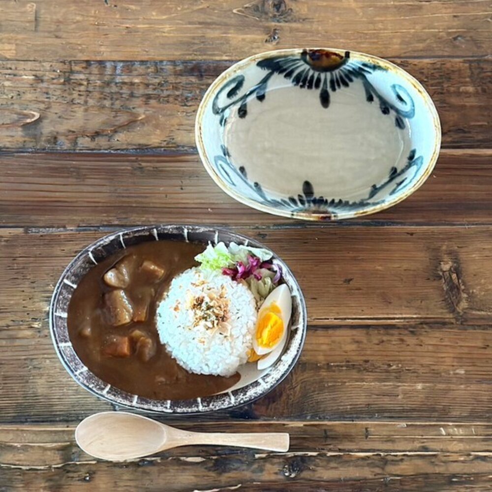 SF-021637-日本製美濃燒橢圓盤手繪安南唐草/線條 20cm 深盤 | 咖哩盤 義大利麵盤 早午餐盤 日本盤子 沙拉盤 日本進口