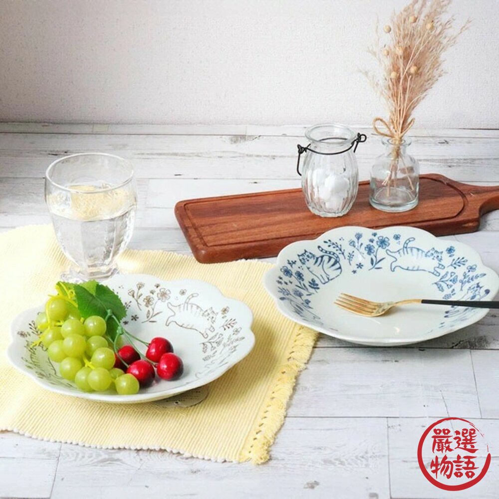 日本製美濃燒 花朵貓咪盤 貓咪插畫 陶瓷盤 | 餐盤 點心盤 貓咪盤子 造型盤 美濃燒盤子 日本進口-圖片-3