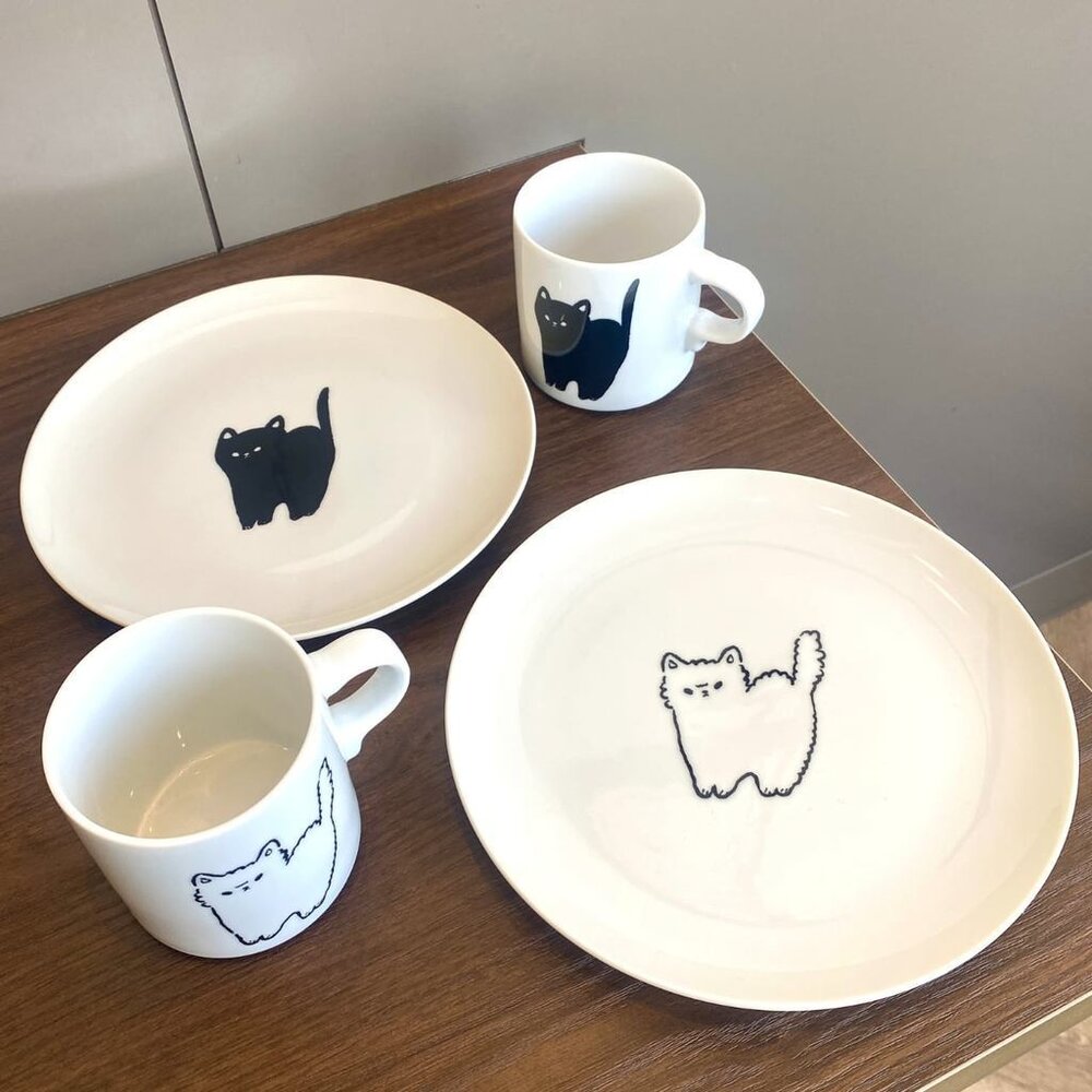 SF-021685-ANGLE 慵懶貓 日本製 簡約線條陶瓷餐盤 馬克杯 | 職人手繪 貓奴首選 日系質感餐具 日本進口
