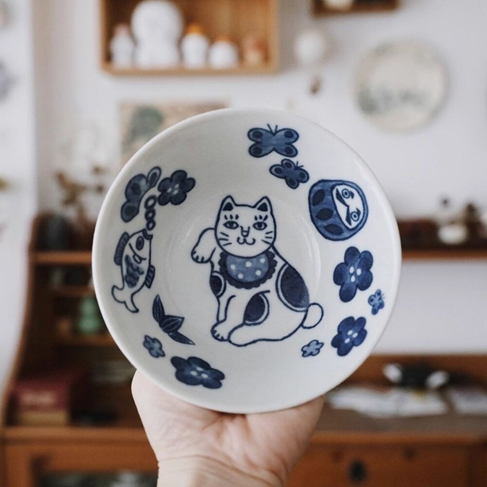 SF-021753-日本 貓奴必買 美濃燒 貓咪 老鼠 13.5cm | 麥片碗 Nekomaruke 招財貓 吉祥物 飯碗 日本進口