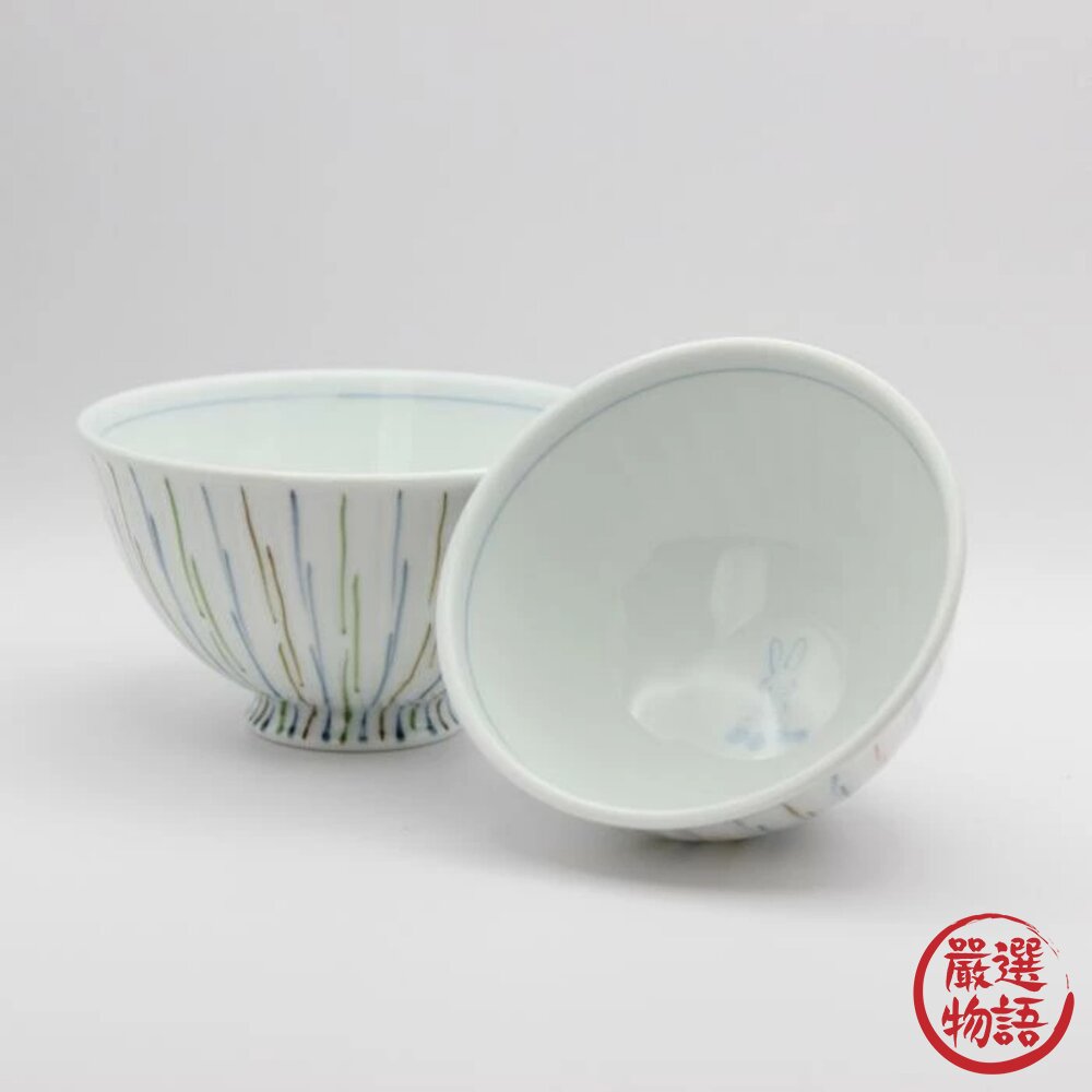 日本製波佐見燒輕量陶瓷飯碗11cm12.5cm|兔子十草紋可微波洗碗機對碗夫妻碗飯碗日本進口