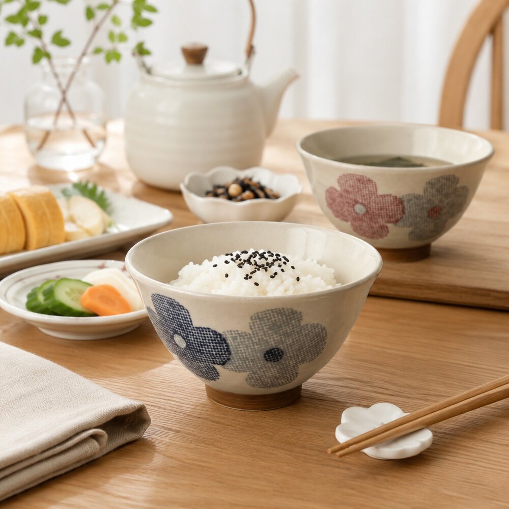 SF-021954-日本美濃燒 北歐花卉 輕量飯碗 兩色可選｜Calme 夫妻碗 情侶 對碗 質感輕量飯碗 居家日常餐碗 日本進口