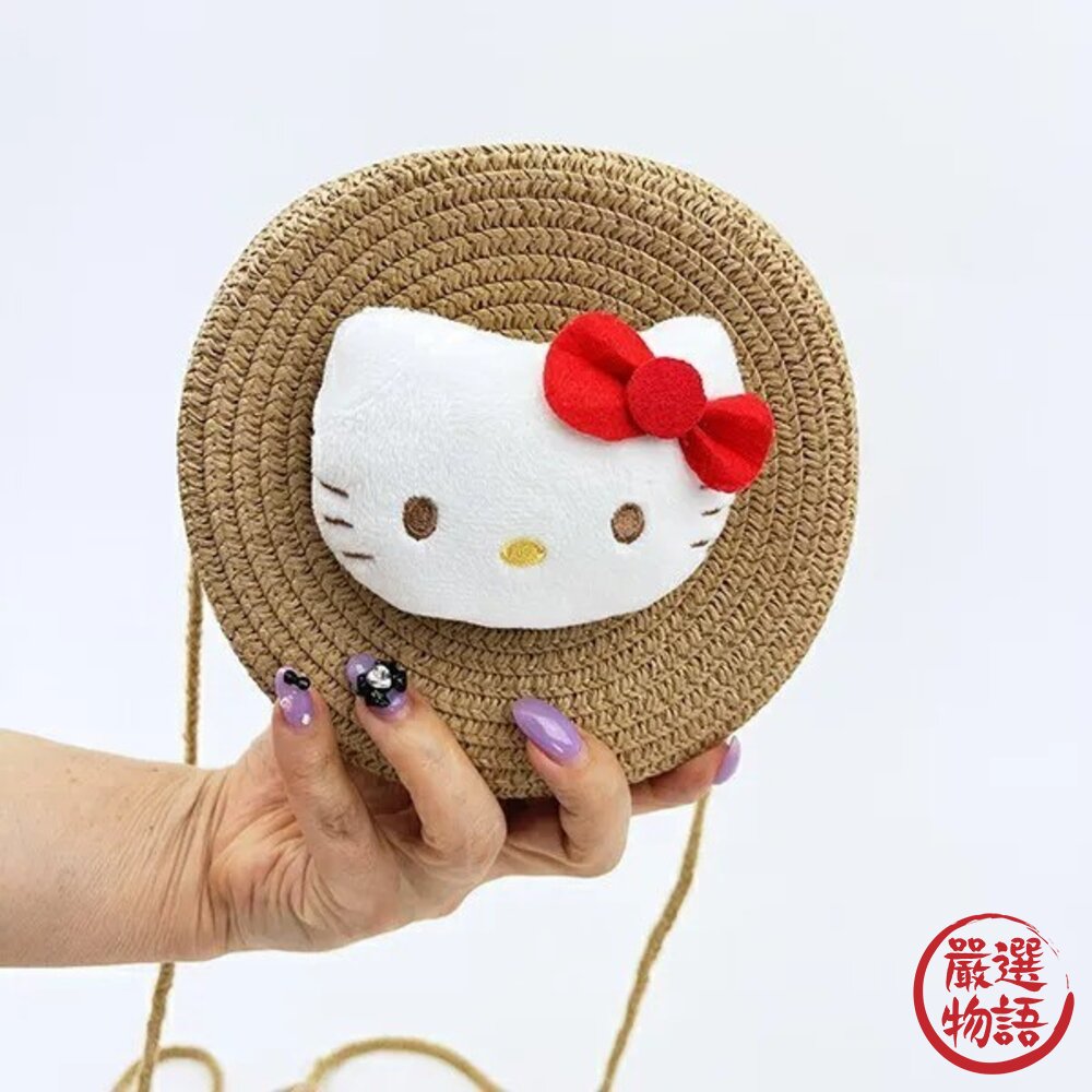 三麗鷗Sanrio 草編圓形小包|可調肩帶 拉鍊開口 4款角色可選 日本 編織包 草編包 斜背小包 日本進口-圖片-3