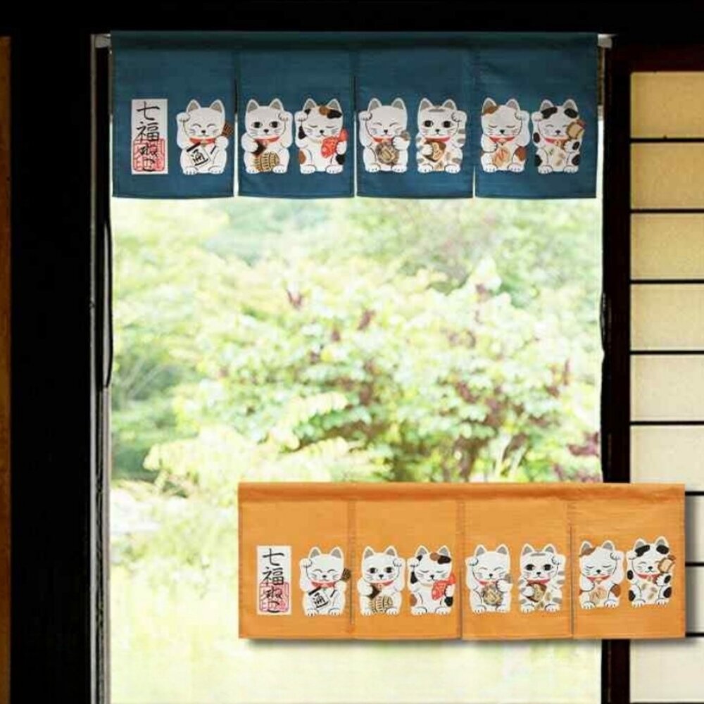 SF-022257-招財貓短門簾 85×30cm 兩色可選｜棉質門簾 暖簾 掛簾 裝飾布簾 居家佈置 七福神 日式門簾 日本進口