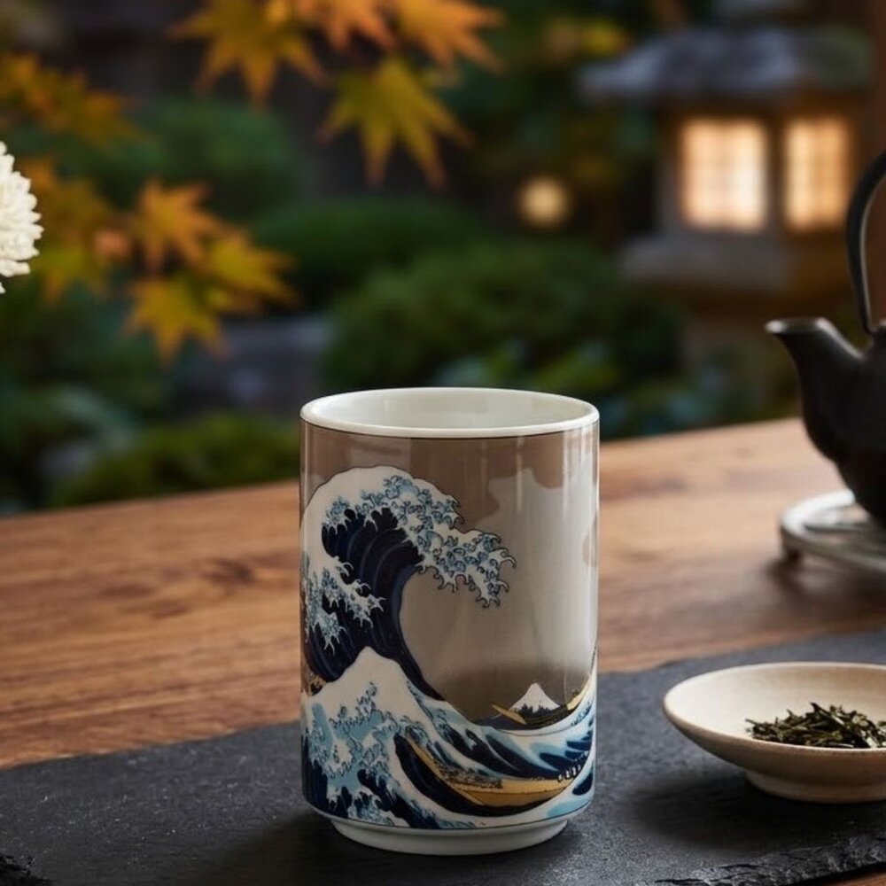 SF-022265-現貨 日本 美濃燒 職人工藝 葛飾北齋神奈川沖浪裏湯呑杯 | 富士山浮世繪茶杯 270cc 陶瓷茶具 陶瓷茶杯 日本進口